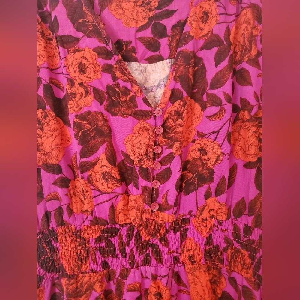 Abel The Label Purple Red Floral Midi Dress Size Medium High-Low Flutter Sleeves - Picture 4 of 12